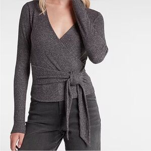 Express‎ Beige Ribbed Wrap Front Tie Top - Size S